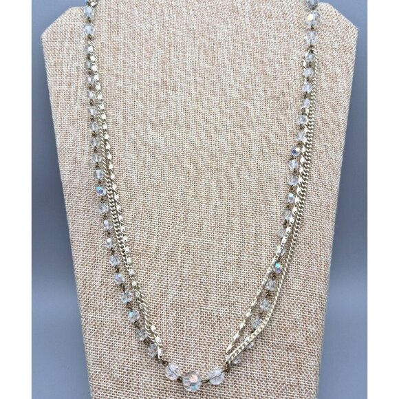 Multi Strand Necklace Clear AB Wash Beads Gold Tone Curb Chain & Snail Chain 55" - Picture 2 of 7
